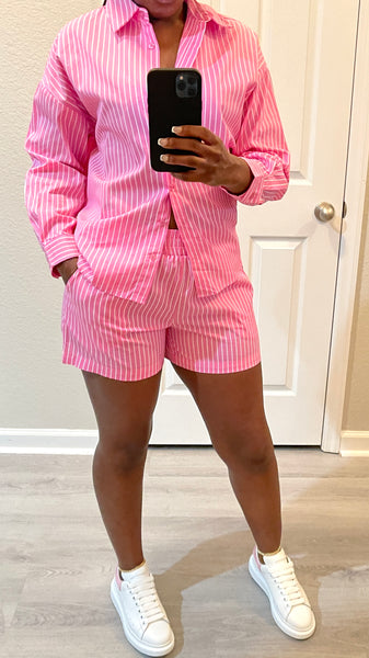 Stripe Button Down Shorts Set (Pink)