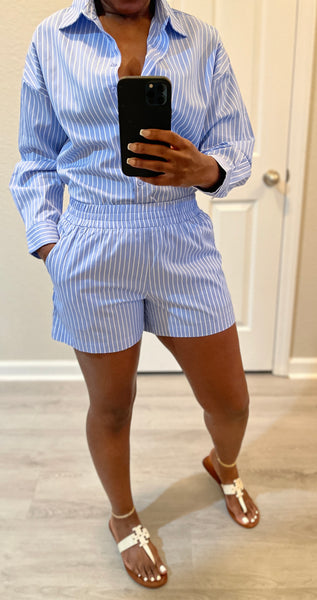 Stripe Button Down Shorts Set (Blue)