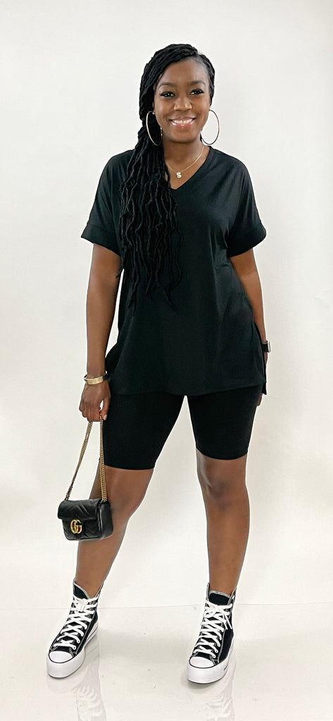 Street Style Black Oversized T Shirt And Cycling Shorts Fashion