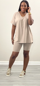 Oversized V-neck Top Biker Shorts Set (Ash Mocha)